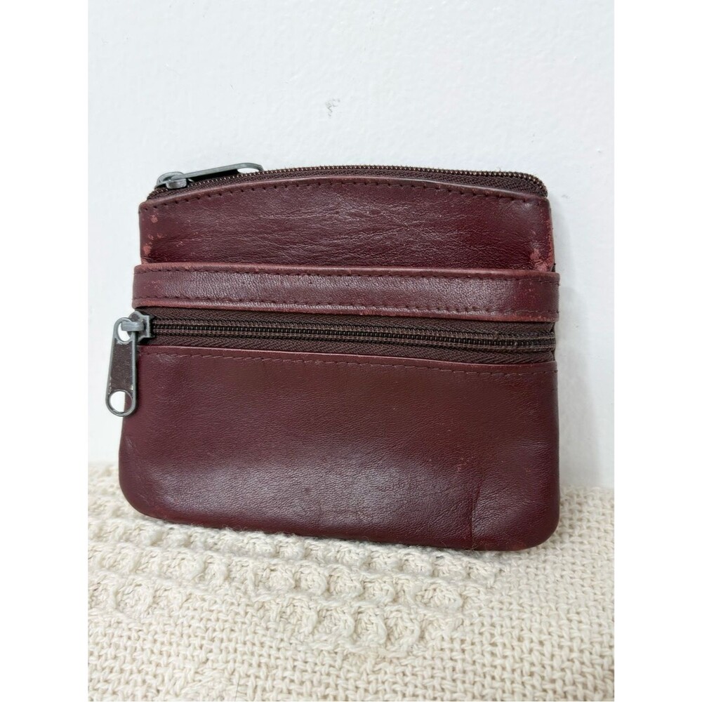 Vintage Buxton Burgundy Leather Zip Coin Pouch Case Minimalist Wallet
